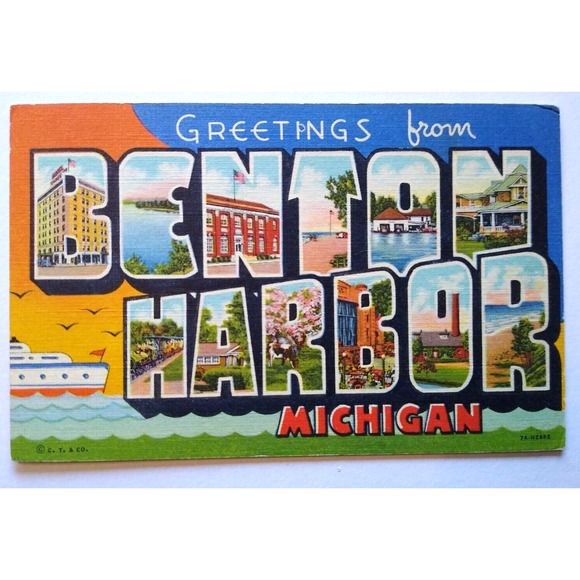 Greetings From Benton Harbor Michigan Large Big Letter Postcard Linen Ship Gulls - Picture 1 of 2